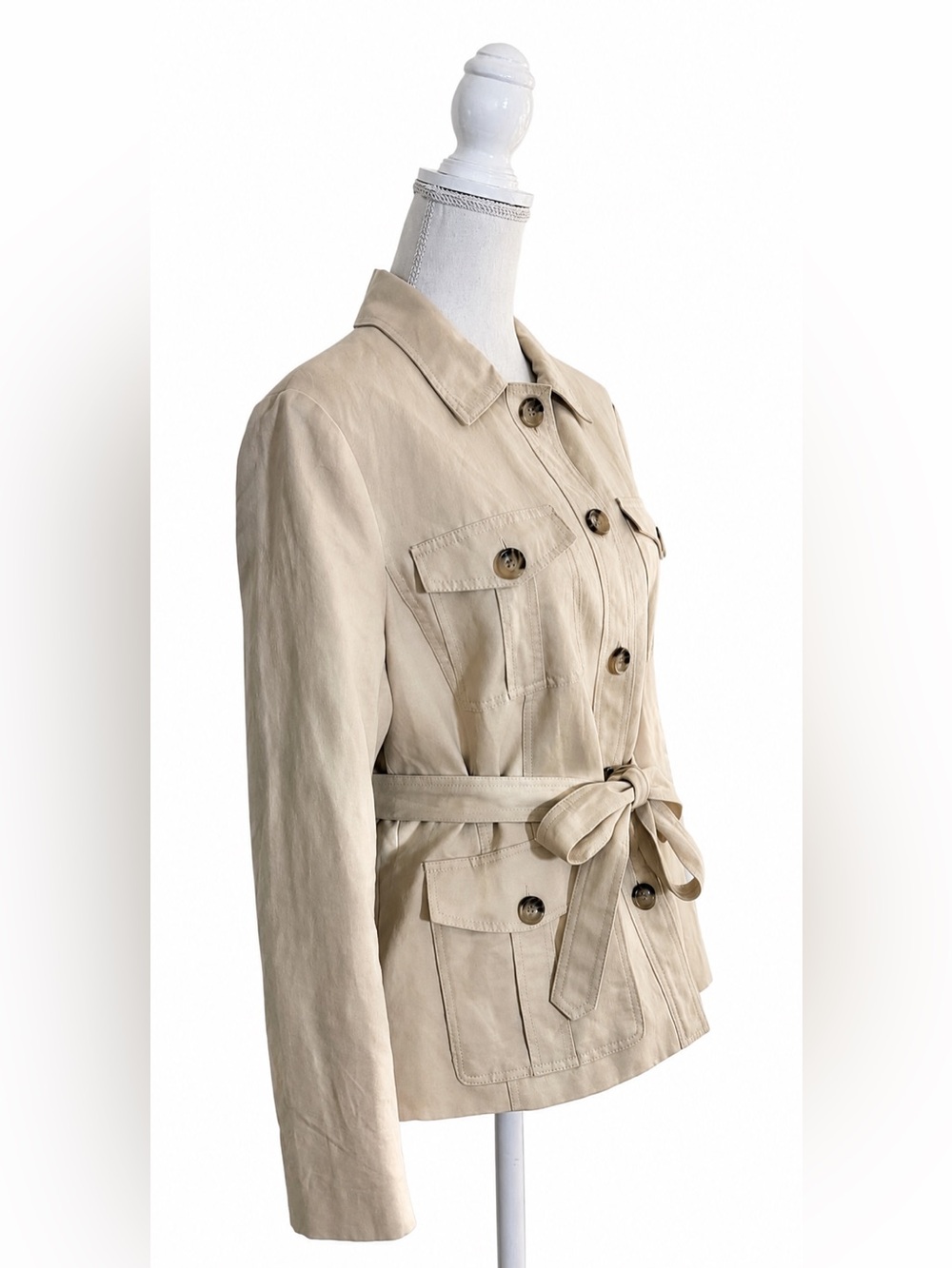 Ann Taylor Linen Blend Belted Safari Utility Jacket Khaki Size 14 - Picture 4 of 16
